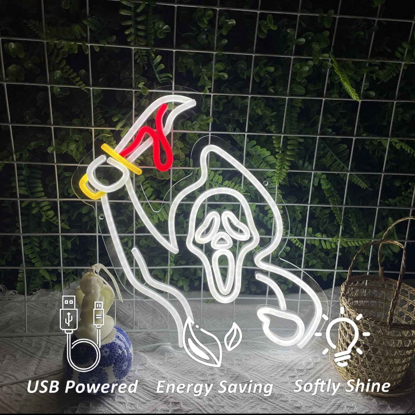 Halloween Ghost Face Neon Sign Decoration，Ghost With Knife Lights for Wall Decor Hanging Ghost LED Signs for Bar Bedroom Game Room Man Cave Neon Art Signs for Halloween Party