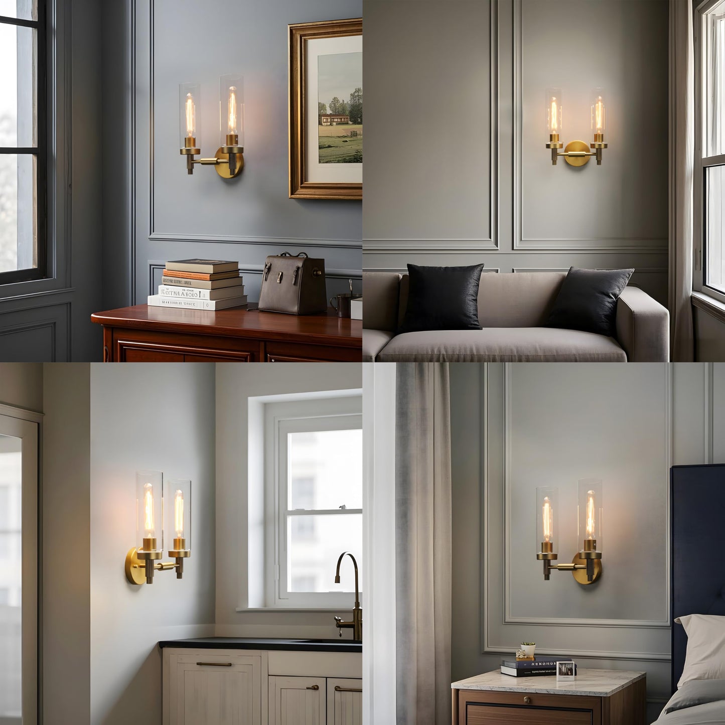 Phansthy Rustic Industrial Wall Sconce Light with 3.14"/8cm Tubular Clear Glass Lampshade (Double Sconce Antique)