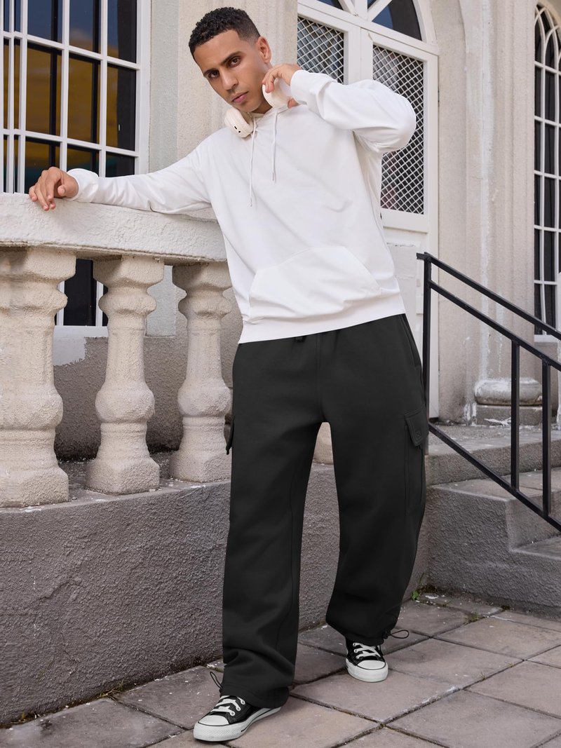 Men's Heavyweight Fleece Cargo Sweatpants Loose Fit Thick Wide Leg Sweats with Pockets(Black,XL)