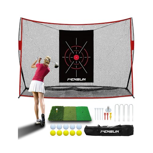 PENSUN Golf Practice Hitting Net - 10x7ft Heavy Duty Golf Net with Mat, Target Cloth, 8 Tees, 10 Balls, Carry Bag for Backyard Driving, Indoor & Outdoor Training
