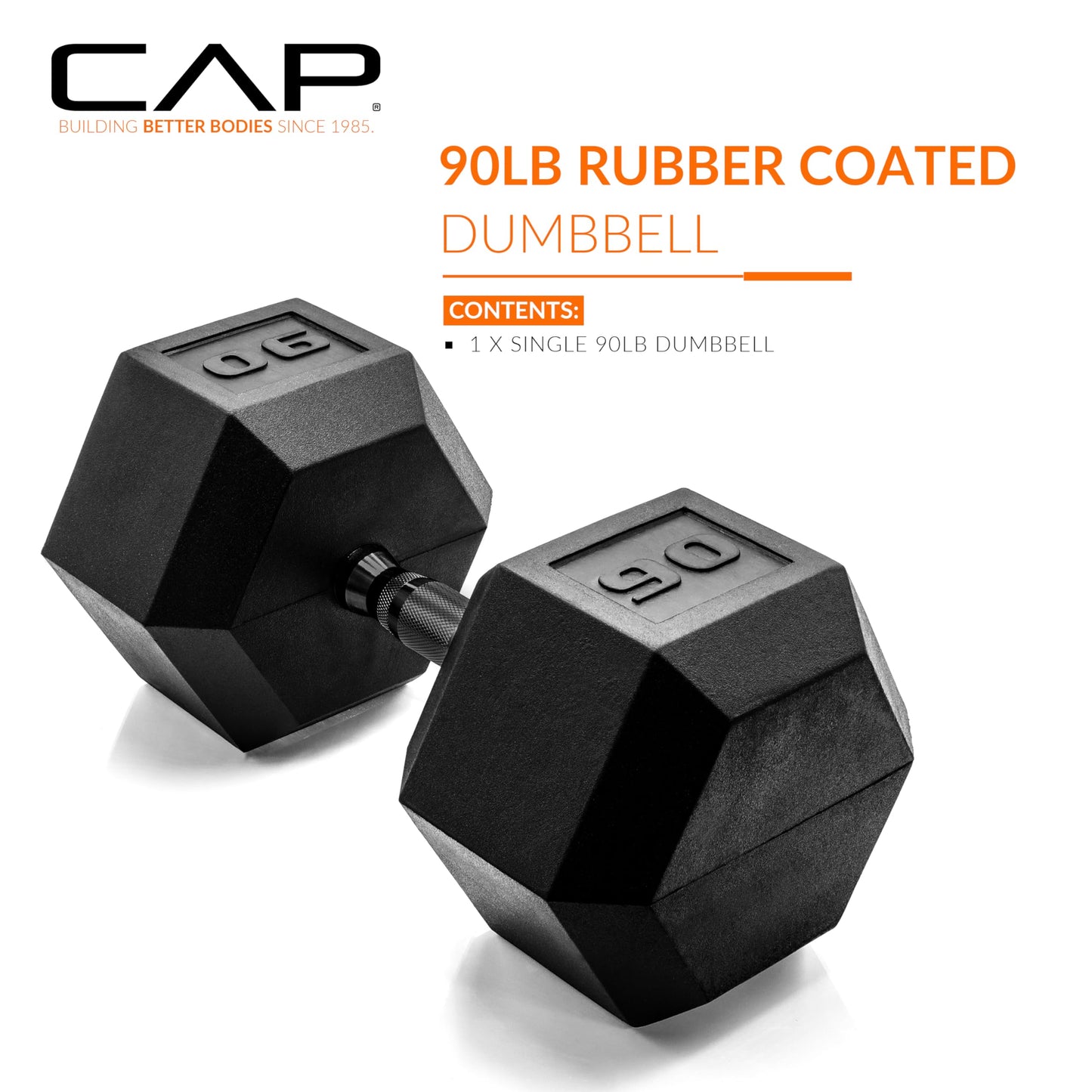 CAP 90 LB Rubber Coated Hex Dumbbell Weight, Rubber Free Weights for Home Gym Strength Training, Black Oxide Handle, Single