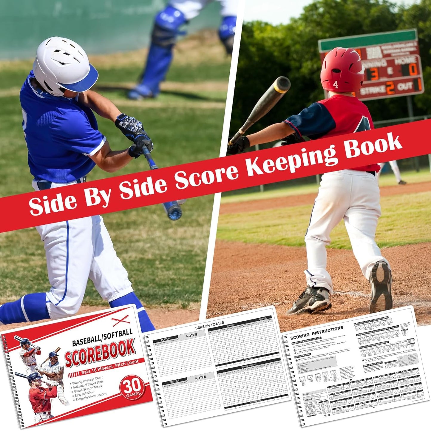 Regine Switzerland Baseball Scorebook - 2 Pcs Side by Side Design for 30 Games | 11.5x16 Size