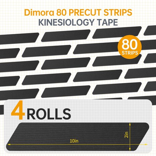 Dimora Kinesiology Tape, 80 Count Precut Strips 4 Rolls, Original Cotton, 10” Elastic Athletic Tape for Muscle Pain Relief and Joint Support, Black