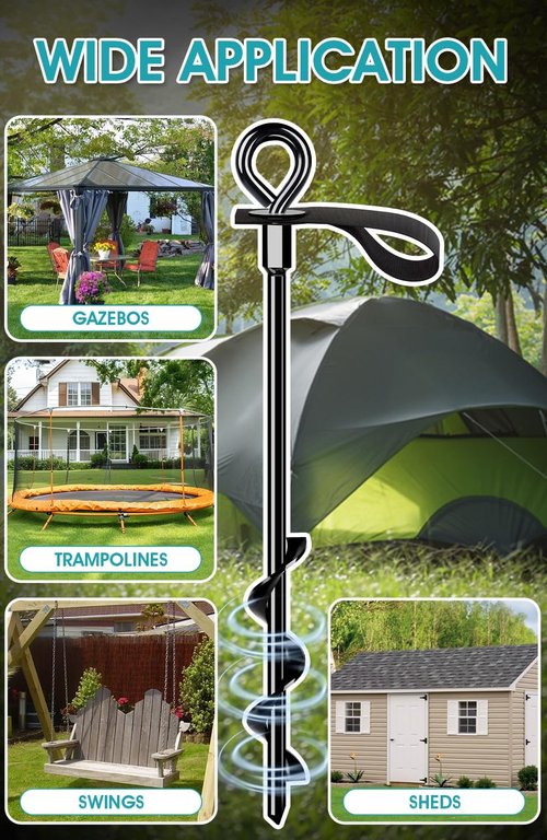 Ground Anchors | 4Pcs Heavy-Duty Screw-In Stakes with Straps - Wind Resistant for Trampolines, Tents & More (4x15in)