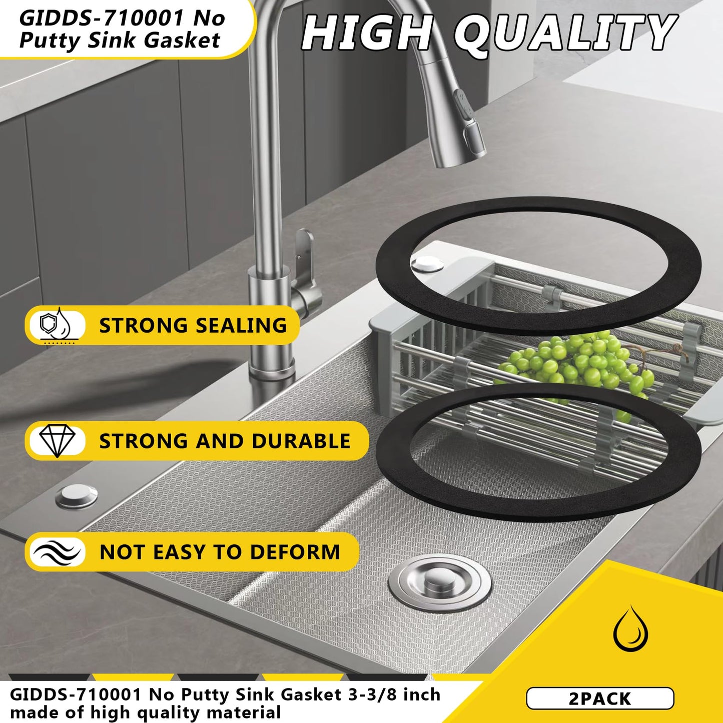 GIDDS-710001 plumbers putty for sink drain,No Putty Sink Gasket 3-3/8", Fits all standard drain attachments,kitchen sink drain gasket seal (2pack）