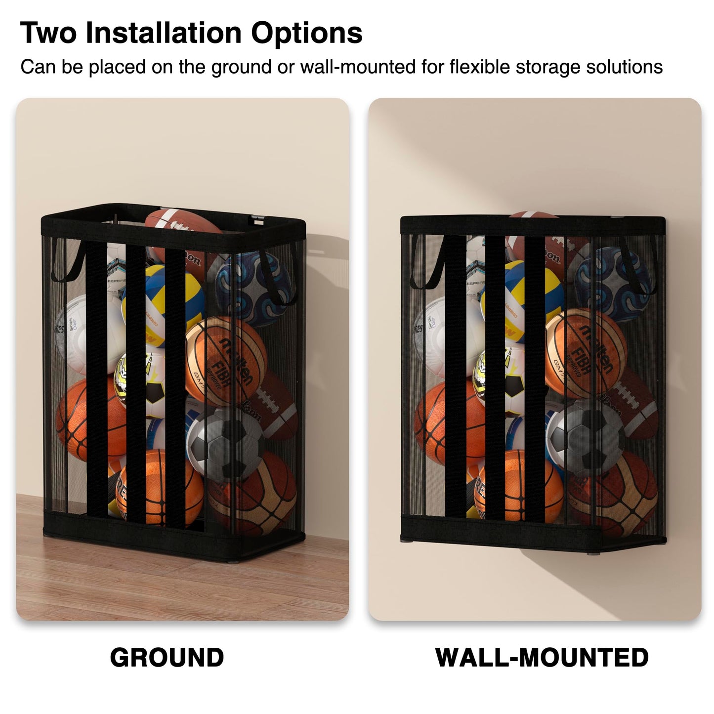 STO STO Ball Storage Basket, Wall-Mounted or Freestanding Garage Ball Organizer Holder, Holds up to 15 Balls, Sports Equipment Organizer with Elastic Front Access for Garage, Gym, Playroom, Black
