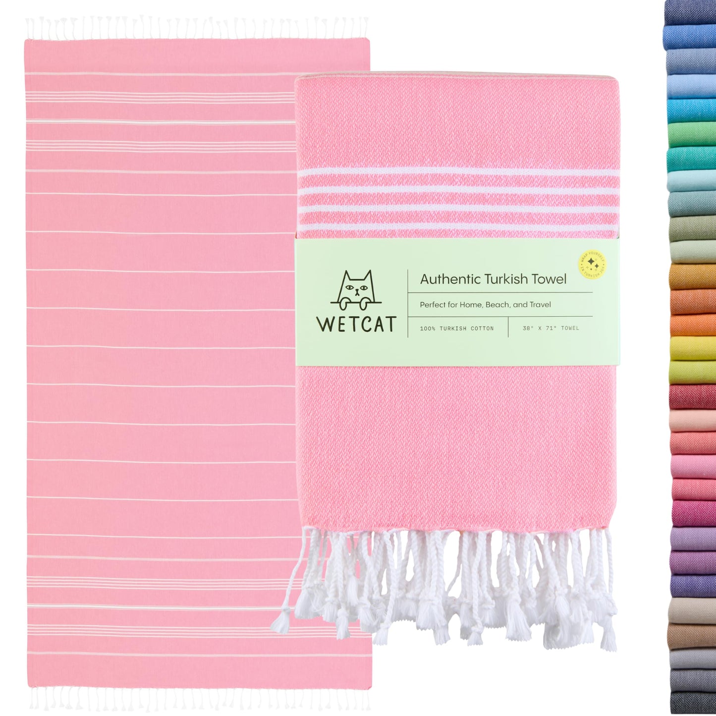 WETCAT Turkish Beach Towel Oversized (38"x71") 100% Turkish Cotton, Made in Turkey - Sand Free, Extra Large, Ultra Soft, Quick Drying, Compact & Lightweight for Travel - Light Pink