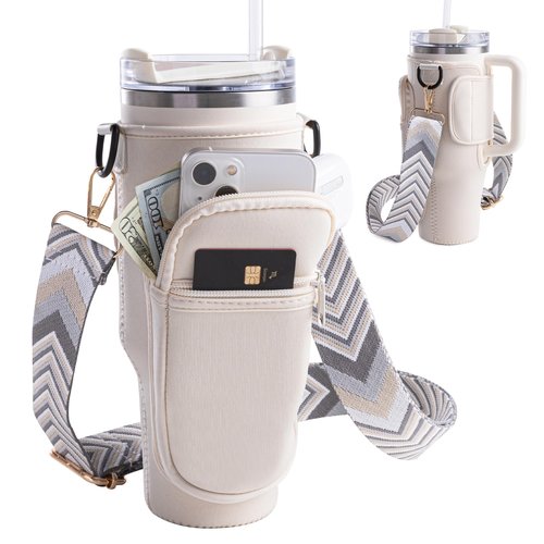Water Bottle Carrier Bag with Phone and Cards Pockets 40/30oz Tumblers Water Bottle Holder with Adjustable Strap - Ideal Fit for Stanley Cup(White)