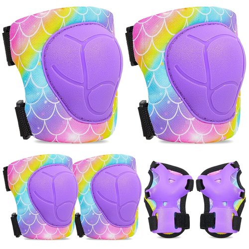 FIODAY Kids Knee Pads - Adjustable Elbow Pads & Wrist Guards for Roller Skating | Rainbow Mermaid, 3-8 Years
