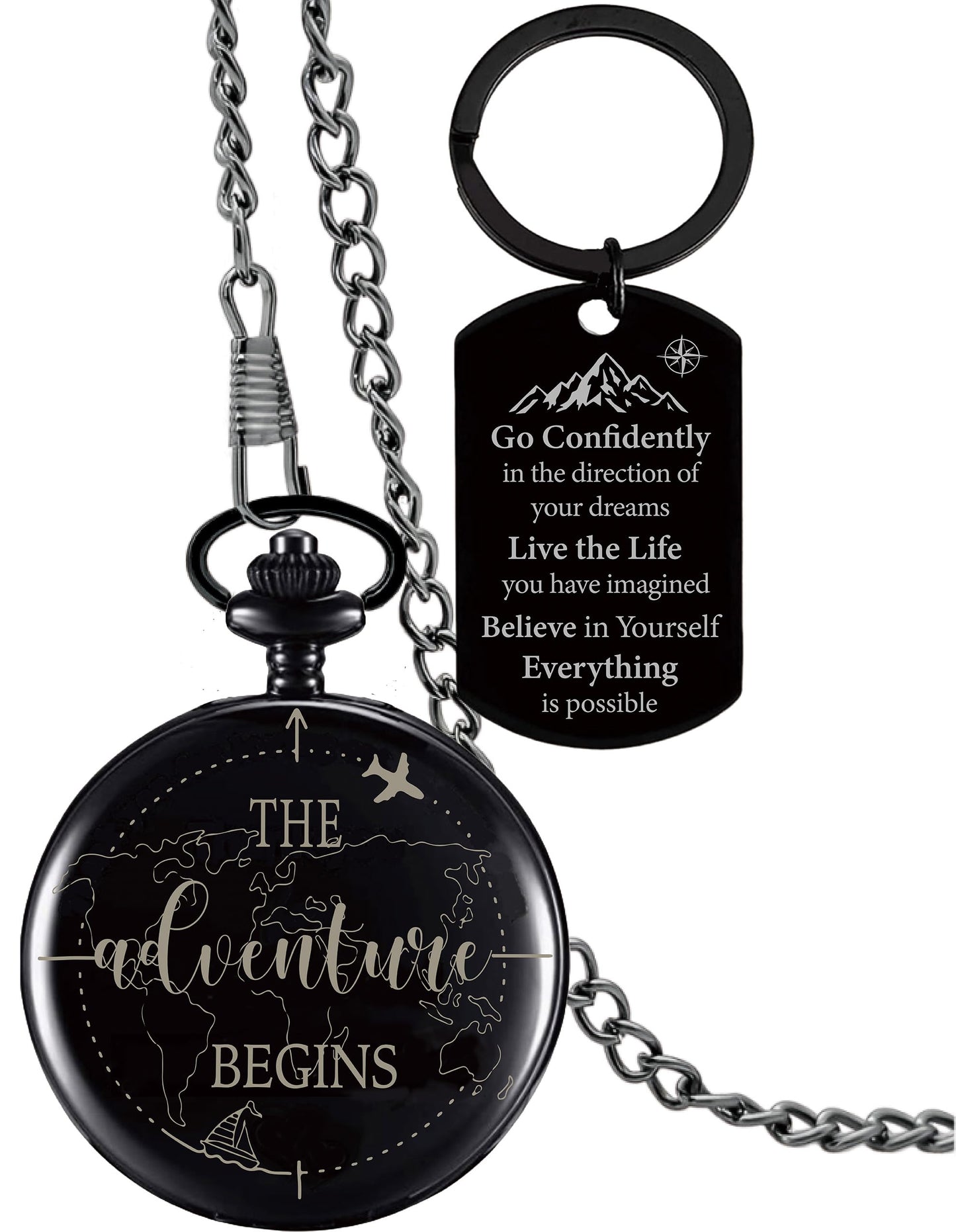 The Adventure Begin Compass Pocket Black with Keychain, College High School Boot Camp Graduation Gifts, Graduation Compass Gifts for Him Men Friends, Inspirational Keepsake Gifts Ideas for Grads