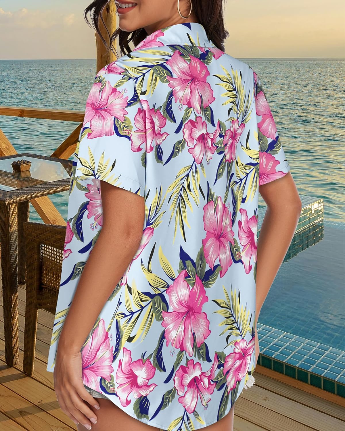 Skiennix Women's Hawaiian Shirt - Cool Summer Button Down V-Neck Blouse | Short Sleeve Beach Top