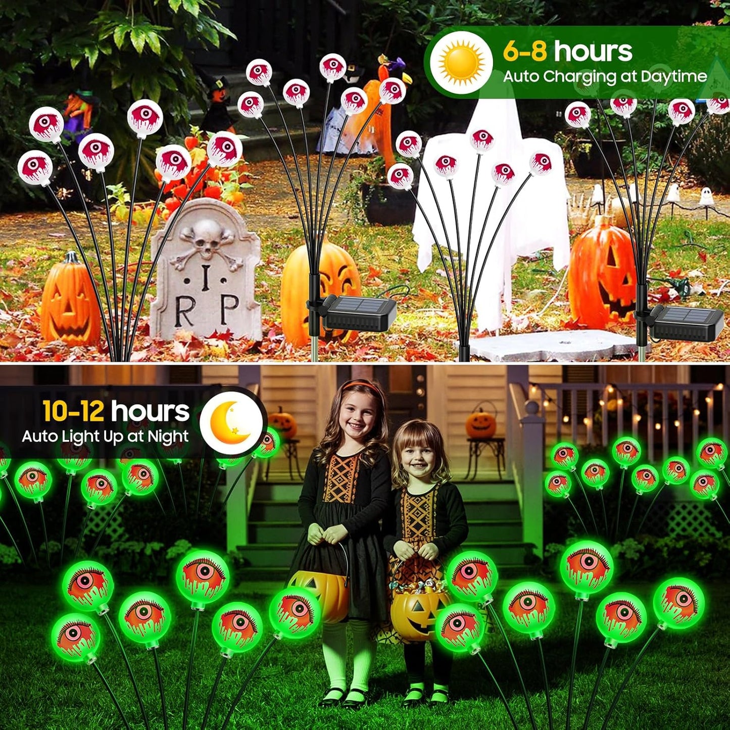 Solar Halloween Eyeball Lights - 6 Pack 36 LED Green Scary Pathway Decor