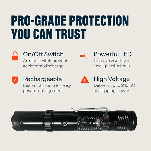 Mace Flashlight Stun Gun for Self Defense - Rechargeable High Voltage LED Light - Black