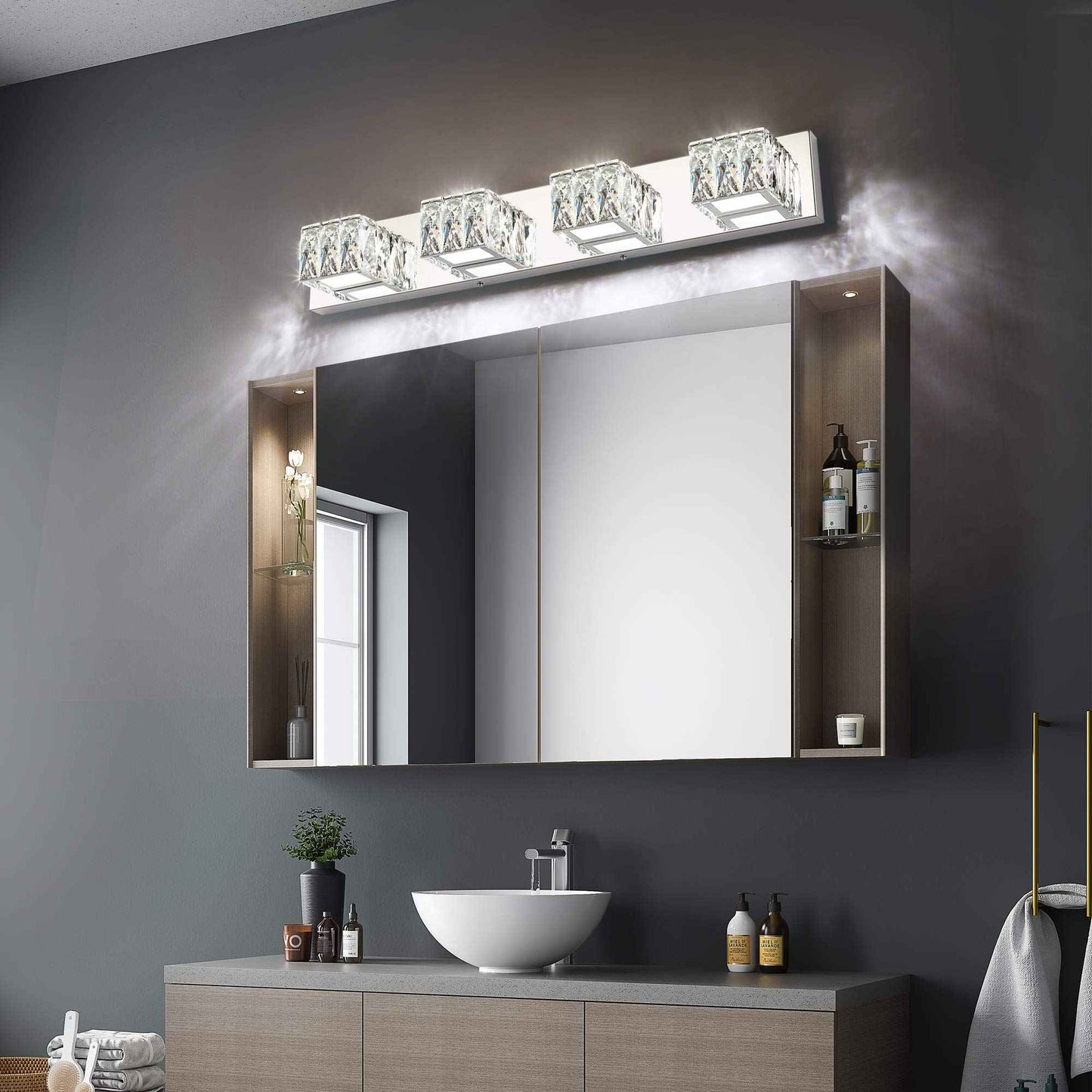 ZUZITO 4 Light Bathroom Vanity Light - Crystal Modern LED Vanity Lights Bar - Chrome Bath Lighting Fixtures Over Mirro