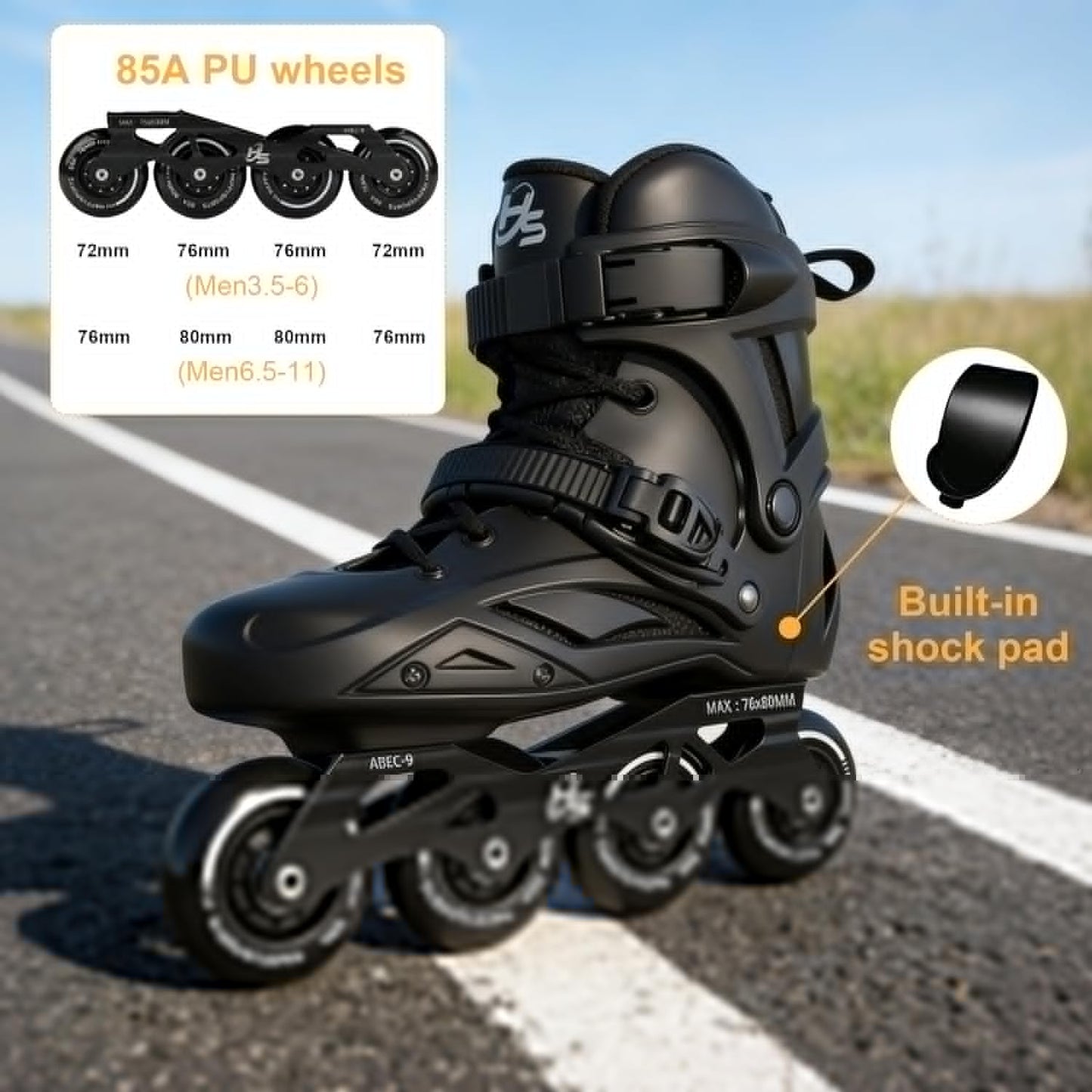 Skiennix Inline Skates - Professional Fitness Roller Blades with PU Wheels for Men & Women | High Performance, Black