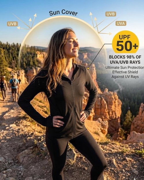 Isnowood Women's UPF 50+ Sun Protection Rash Guard - Lightweight Long Sleeve Zip Hoodie Jacket