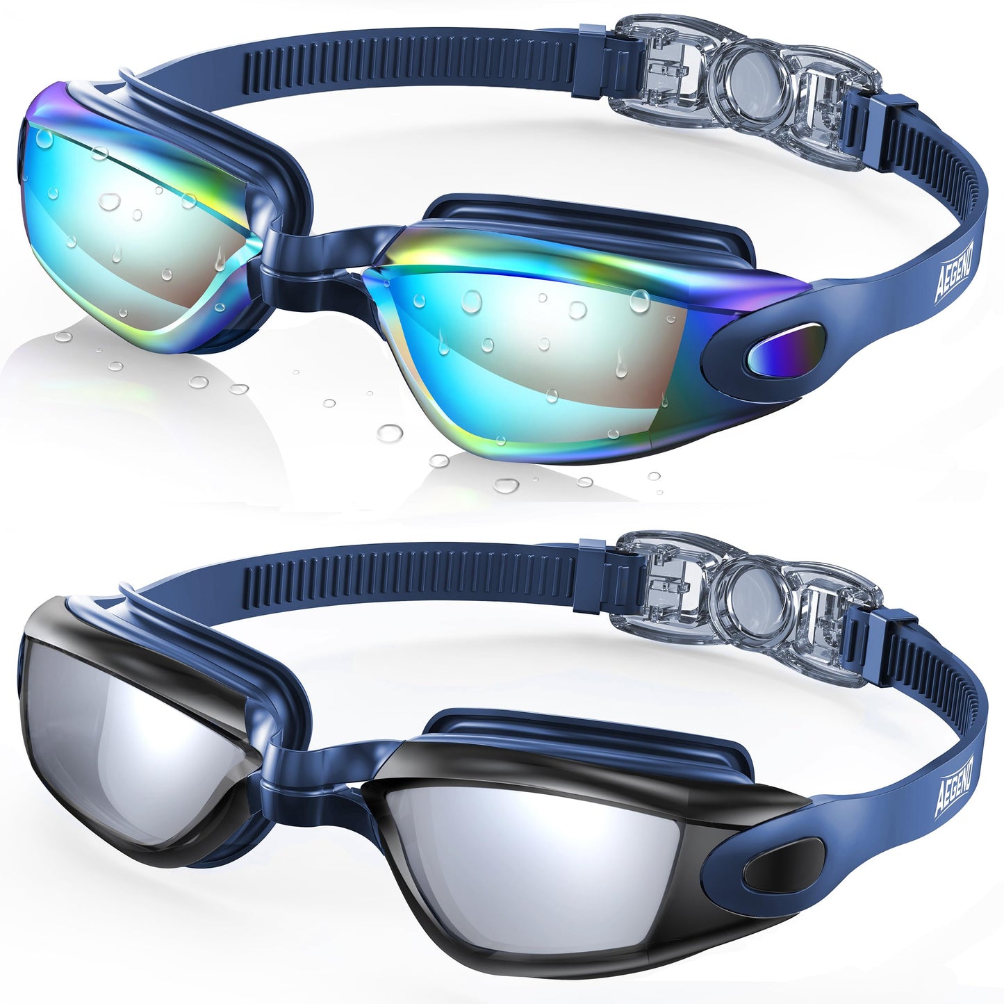 Aegend Swim Goggles 2-Pack, No Leaking Anti-Fog UV Protection Mirrored Swim Glasses for Adult Men Women, Wide View Outdoor