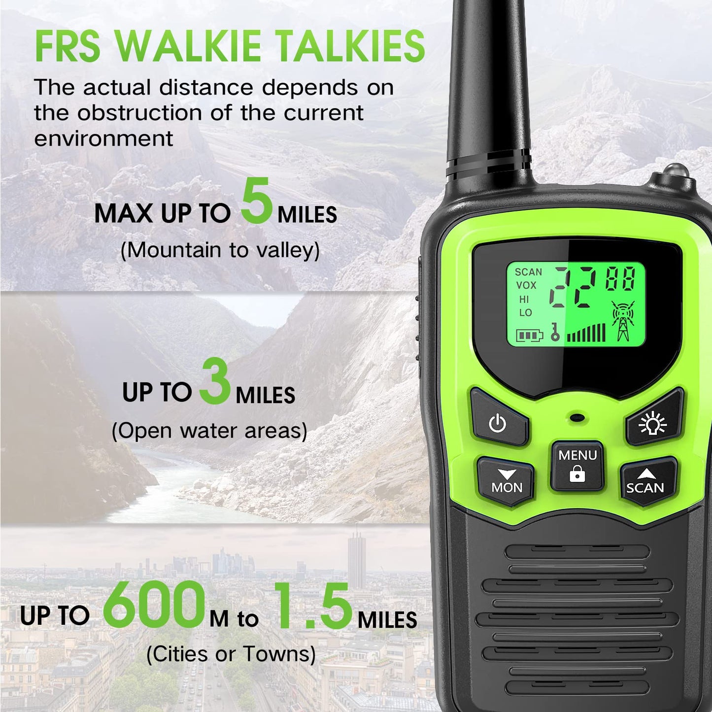 Walkie Talkies,MOICO Long Range Walkie Talkies for Adults Two-Way Radios with 22 Channels FRS VOX Scan LCD Display with LED Flashlight for Field, Survival Biking Hiking Camping 2 Pack (Green)