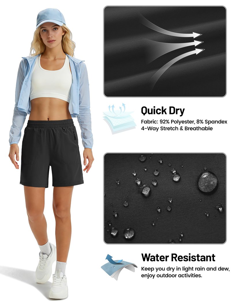 TACVASEN Athletic Shorts for Women Quick Dry Lightweight 5" Hiking Shorts with Pockets Golf Casual Workout UPF 50+ Water Resistant Summer Black M