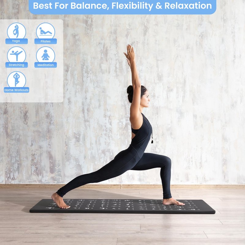MABOZOO 1 Inch Instructional Yoga Mat with Poses, PU Leather Exercise Mat with 60 Illustrated Yoga Poses, Workout Cushion with Carrying Handles for Pilates, Stretching(68 * 24 Inch, Black)