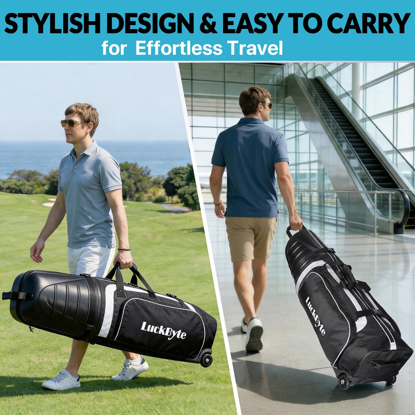 Golf Travel Bag for Airlines, Hard Shell Top Golf Travel Case with Wheels, Heavy Duty 1680D Oxford Fabric, Reinforced Base, Oversized Tank Wheels, Built-in TSA Lock, Water-Resistant Zippers, Black