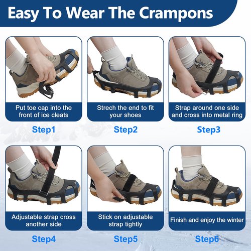 Ice Cleats for Shoes and Boots, Universal Non Slip Snow Cleats Spikes for Shoes with Straps, Anti Slip Crampons Slip-on Rubber Overshoe Flexible Footwear for Winter Hiking Walking Shoveling