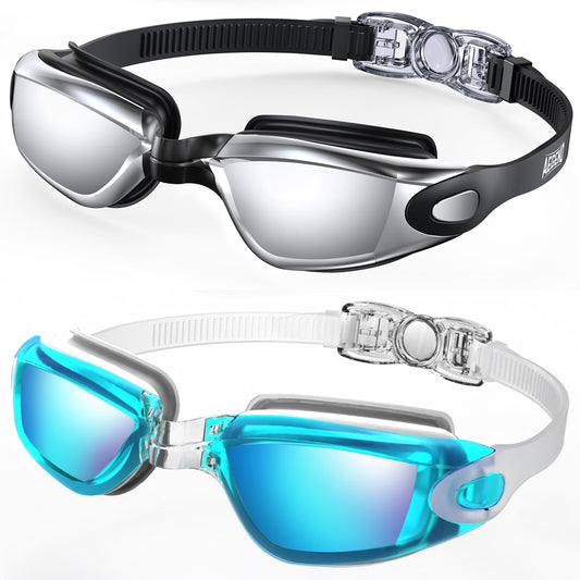 Aegend Swim Goggles 2-Pack, No Leaking Anti-Fog UV Protection Mirrored Swim Glasses for Adult Men Women, Wide View Outdoor