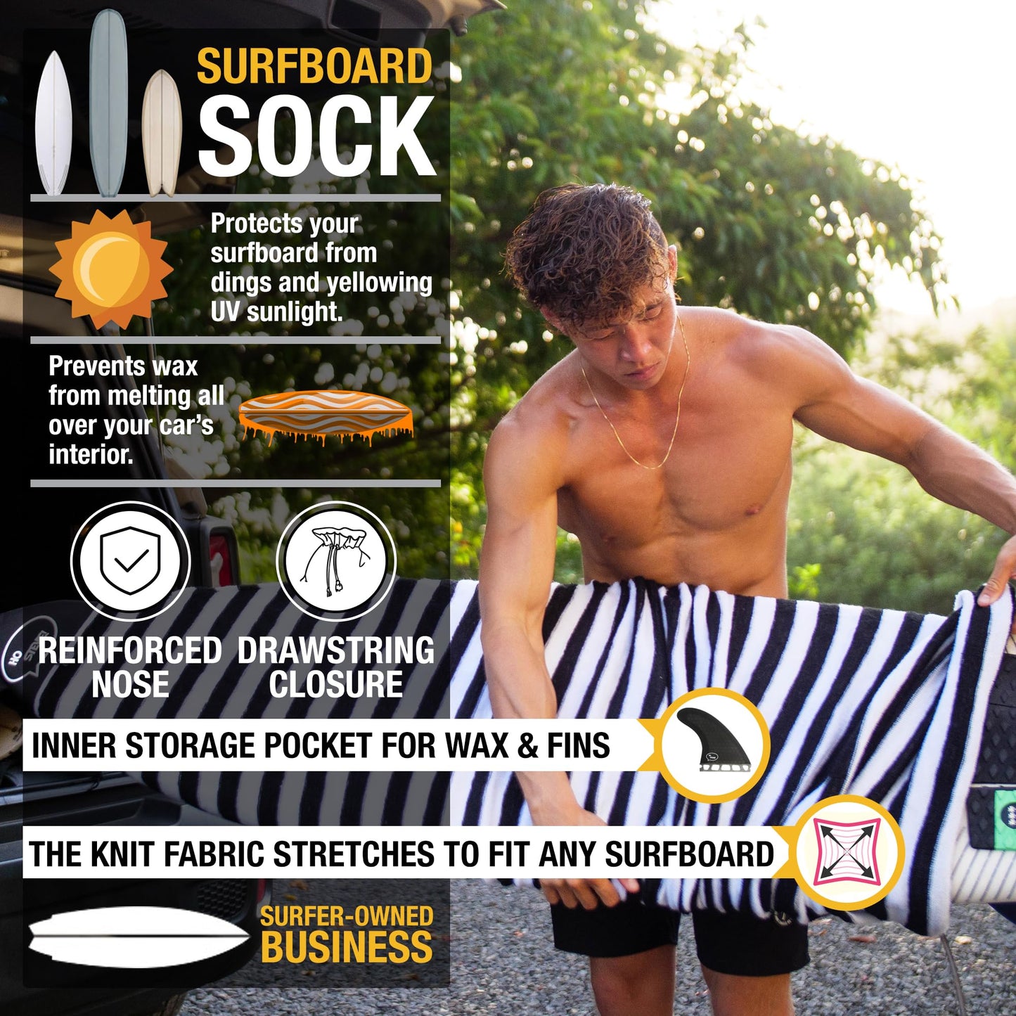Ho Stevie! Surfboard Sock Cover - Light Protective Bag for your Surf Board (Black/White, 6'0")