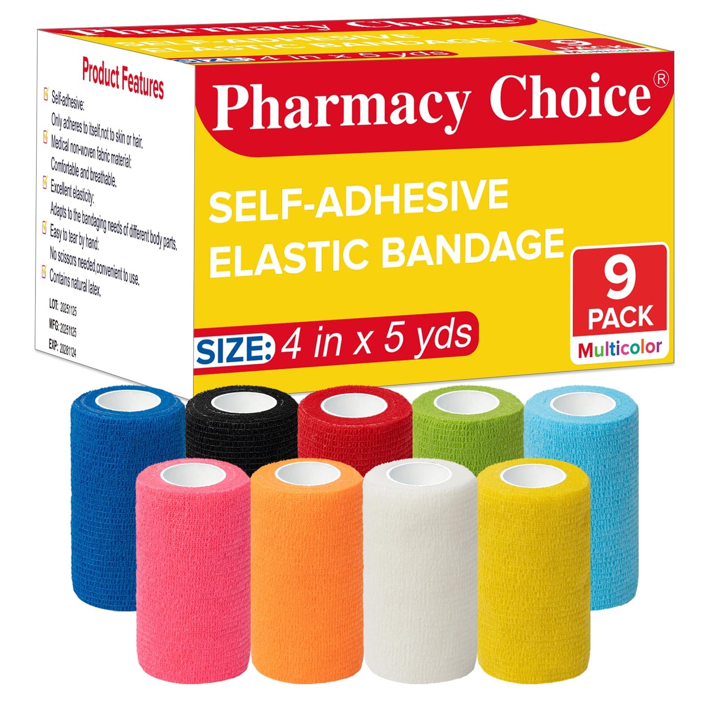 Pharmacy Choice Self Adhesive Bandage Wrap, 4" X 5 Yards Elastic Cohesive Bandage Wrap, Color Athletic Tape, Vet Wrap, Ankle Tape,Non-Woven Cohesive Bandage,9 Pack