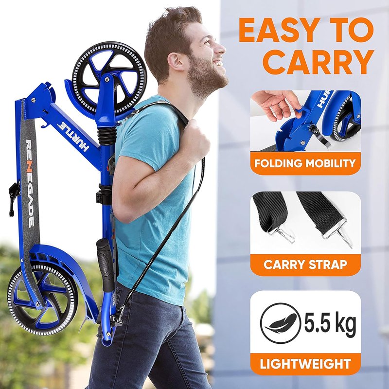 Lightweight and Foldable Kick Scooter - Adjustable Scooter for Teens and Adult, Alloy Deck with High Impact Wheels (Blue)