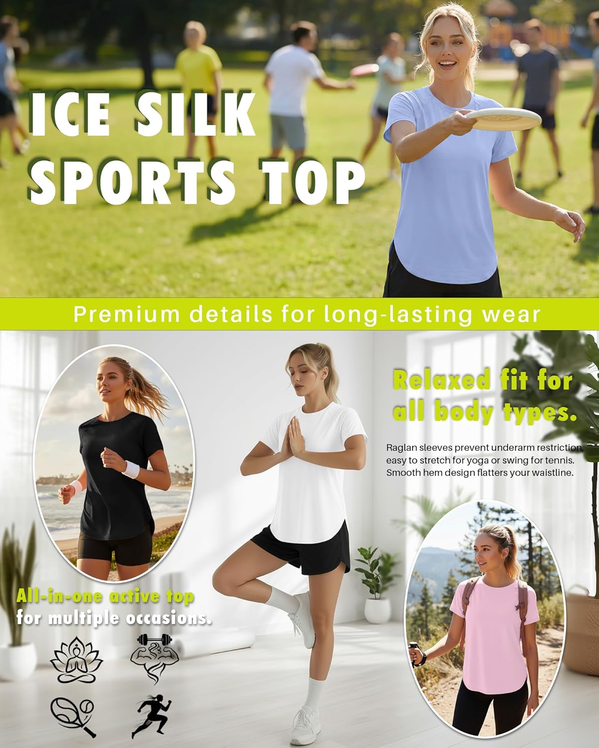 Skiennix Women's Workout Shirts - Quick Dry Raglan Athletic Tops | Loose Fit Yoga Tee, 4 Pack