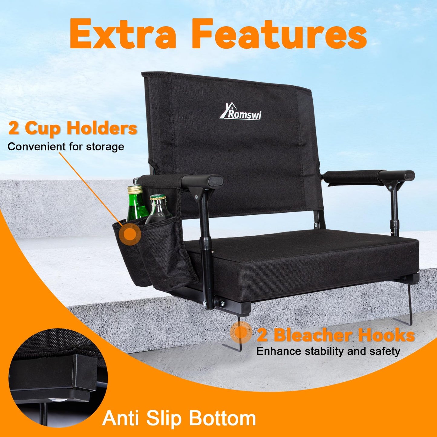 Romswi 2-Pack 2.8" Thick Stadium Seats with Back Support & Armrests, Lightweight Bleacher Chairs with 2 Cup Holders, Portable for Football Games & Events, Support Up to 400lbs, Black