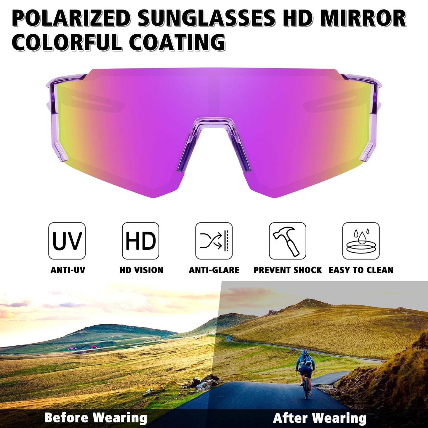 STORYCOAST Polarized Sports Sunglasses for Men Women,Driving Fishing Cycling Mountain Bike Sunglasses UV400 Protection,Purple-Purple，73