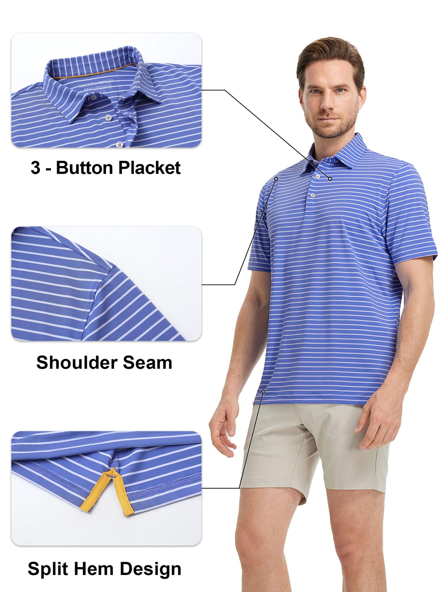 Rouen Golf Shirts for Men Performance Moisture Wicking Casual Striped Polo Business Mens Polo Shirts Short Sleeve
