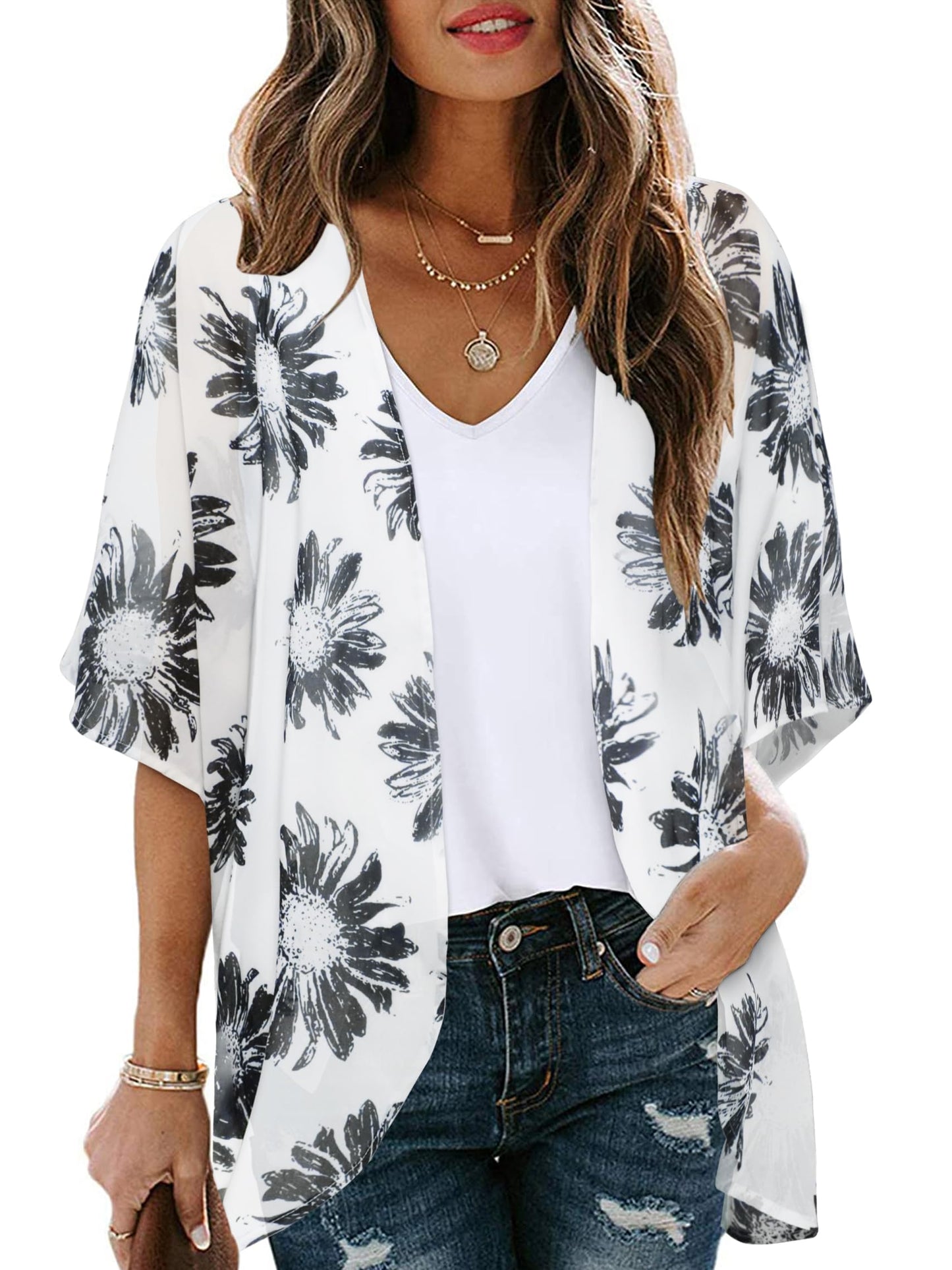 Summer Kimono Cardigan for Women Sheer Light Tops Casual Open Front Swimwear Shirts Beach Cover ups (dasiy white,4XL)
