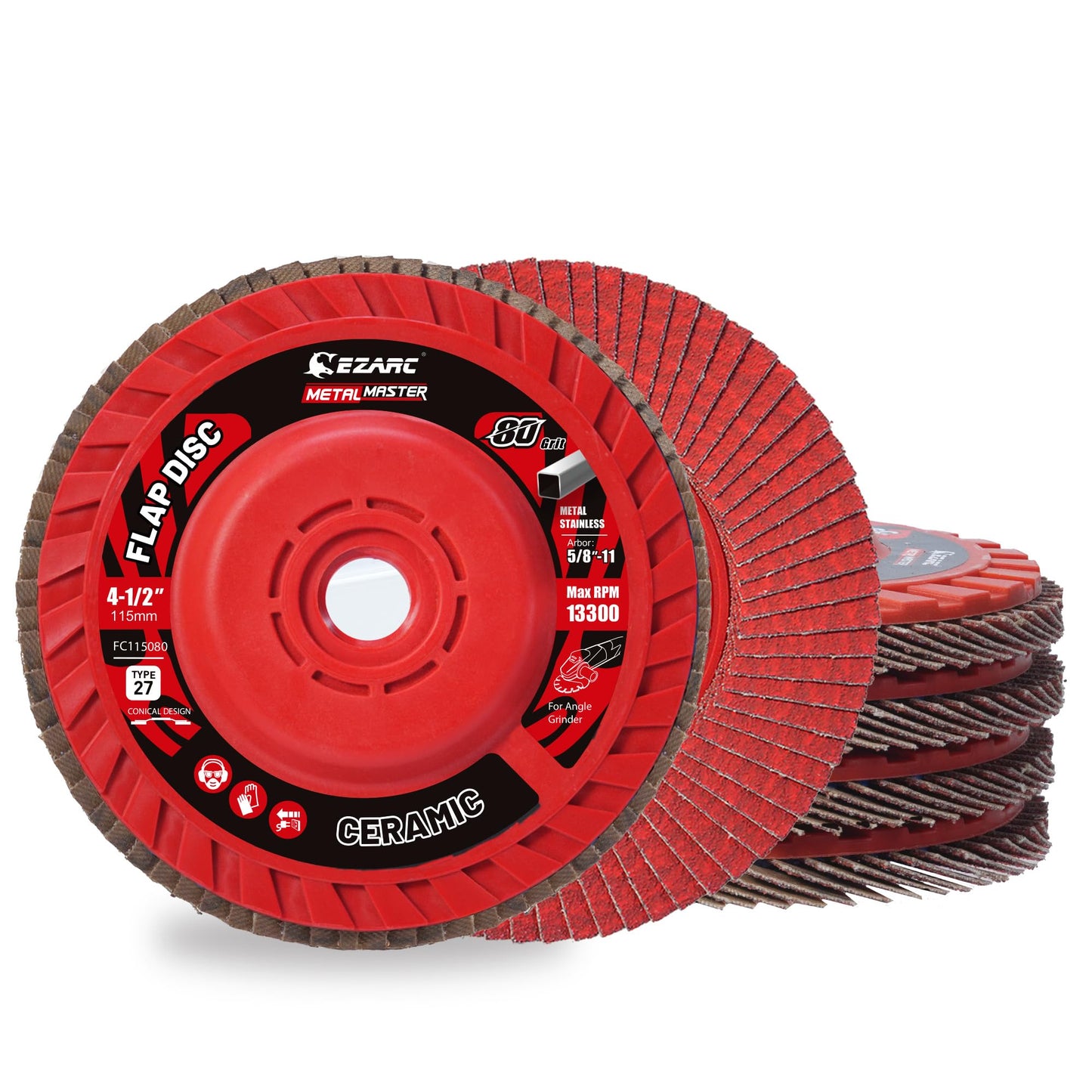 EZARC Flap Discs 80 Grit, 4-1/2" x 7/8" Ceramic Grain Flap Sanding Disc, Type 27 Heavy Duty Abrasive Trimmable Grinding Wheel Finishing for Stainless Steel, Sheet Metal (5 Pack)