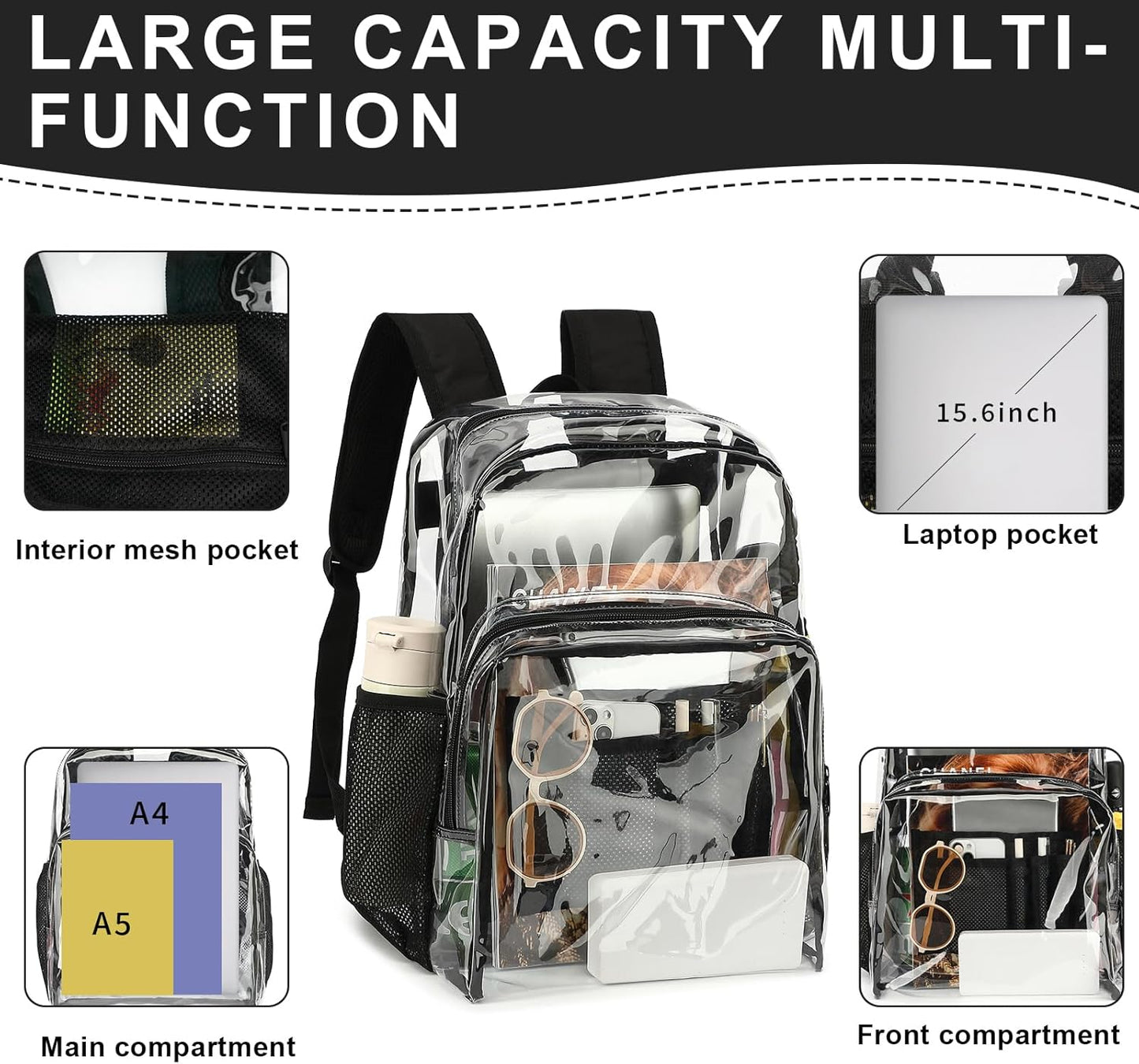NEOREAL Clear Backpack - Heavy Duty Transparent Design for College, Work & Security | Black