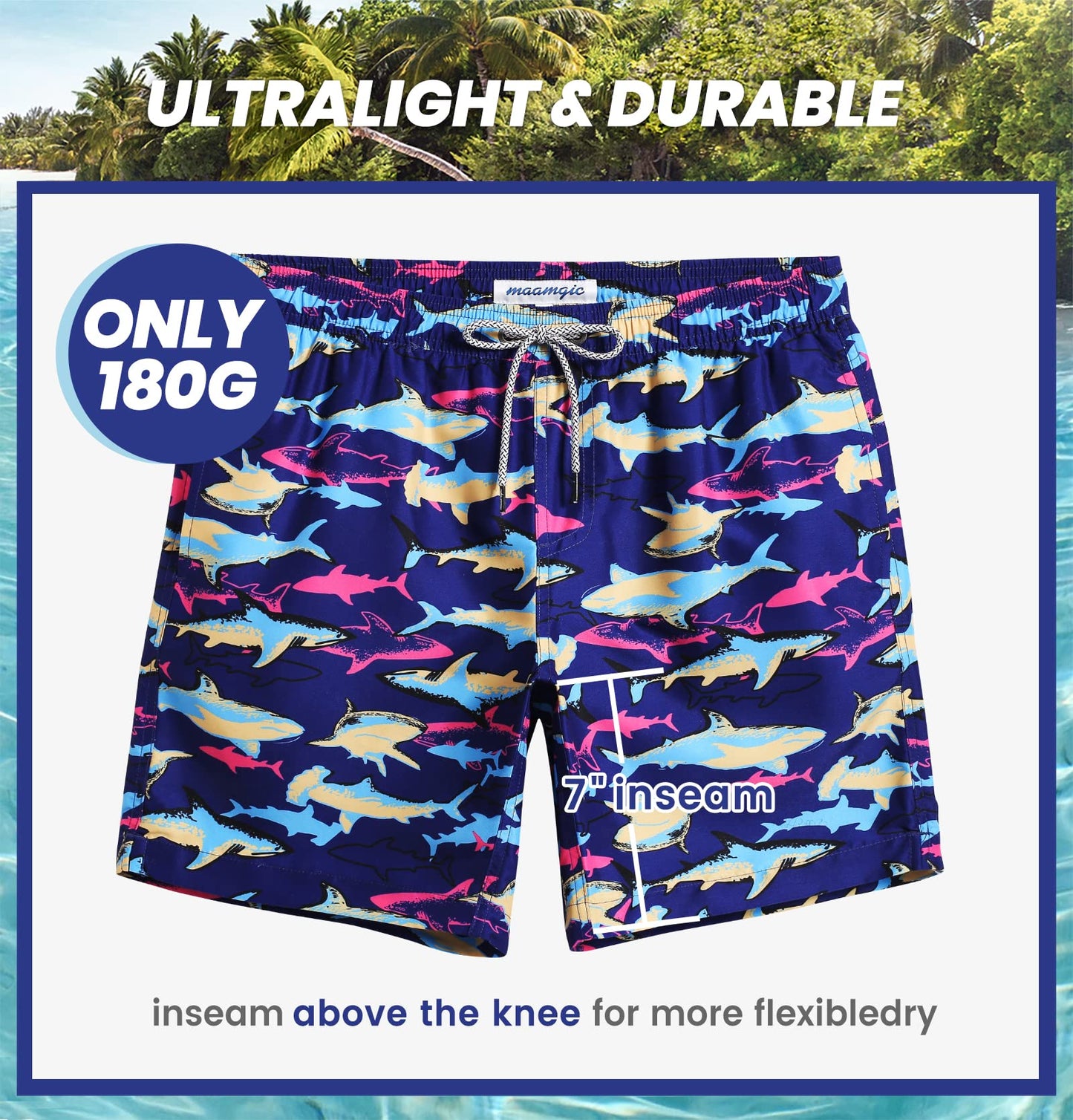 maamgic Mens Swim Trunks Quick Dry Swim Shorts with Mesh Lining Funny Swimwear Bathing Suits 7inch Colorful Shark XX-Large