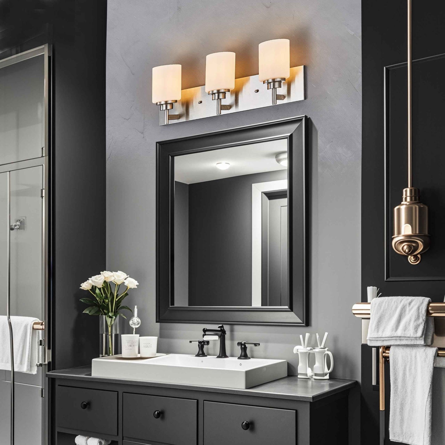 landskylite Bathroom Vanity Light Fixture, Brushed Nickel，24" 3 Lights，Offset Mount, Modern Wall Sconce，White Glass & Large Backplate - Farmhouse Lighting for Bathroom, Living Room, Hallway, Bedroom