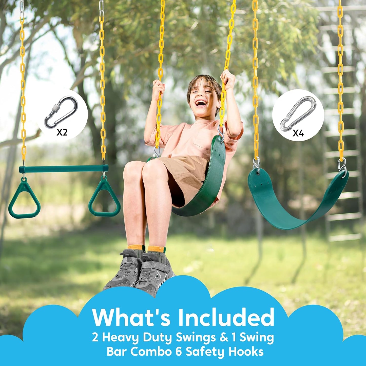 TURFEE Swing Set Accessories - 3 Pack with Gym Rings, Trapeze Bar & 2 Swings - Green Outdoor Play