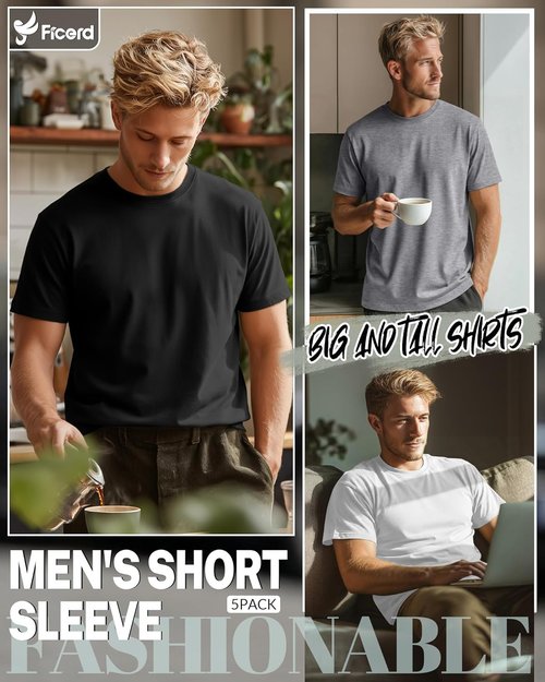 Ficerd Men's Big & Tall Short Sleeve Cotton Tees - Oversized Summer Crew Neck Shirts | 5 Pack