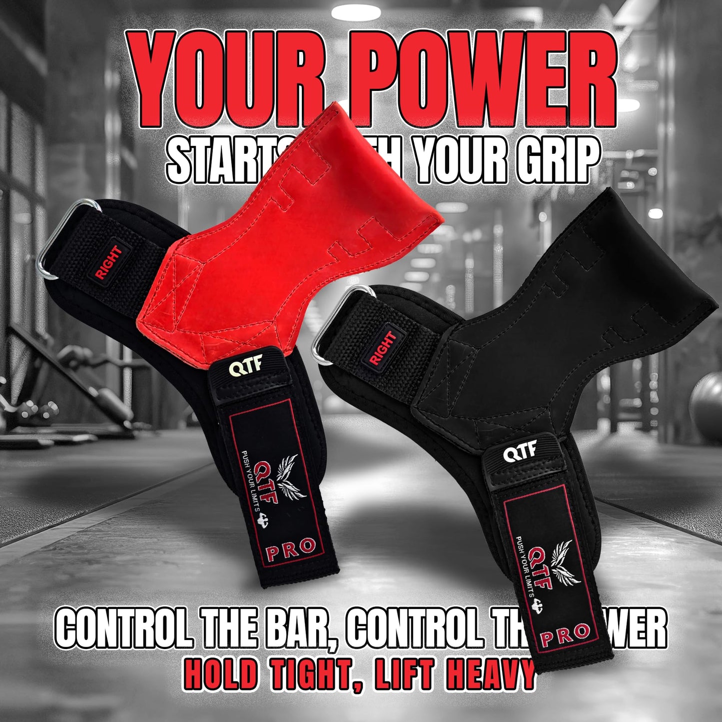 QTF Weight Lifting Grips (Pair) for Heavy Powerlifting, Wrist Straps for Deadlifts, Rows, Pull Ups, with Neoprene Padded Wrist Wraps Support and Strong Rubber Gloves or Straps for Bodybuilding. (Black, L)