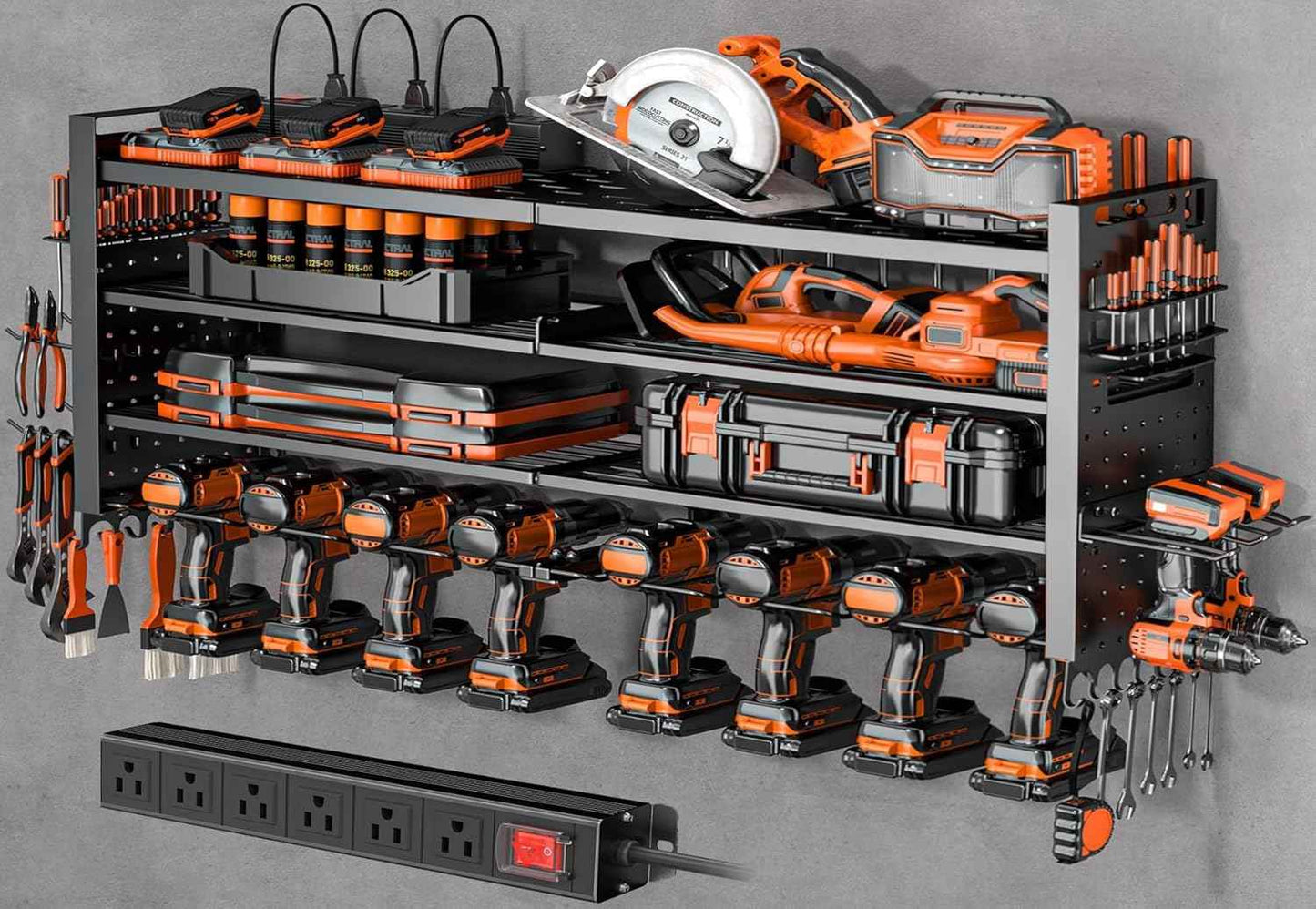 Heavy Duty Wall Mount Power Tool Organizer with Charging Station & 10 Drill Holders