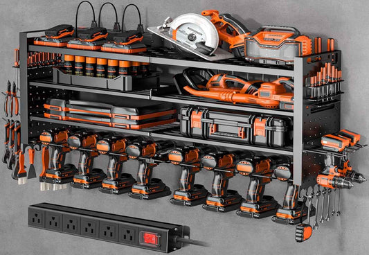 Heavy Duty Wall Mount Power Tool Organizer with Charging Station & 10 Drill Holders