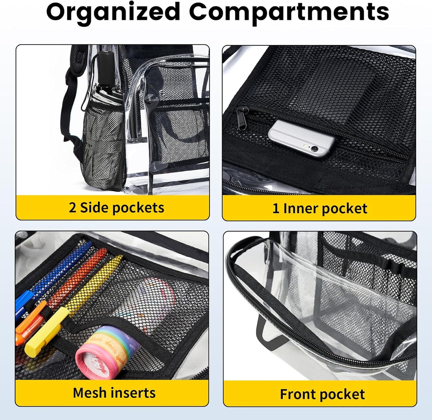 Vorspack Clear Backpack - Heavy Duty PVC with Reinforced Straps & Large Capacity for College | Black