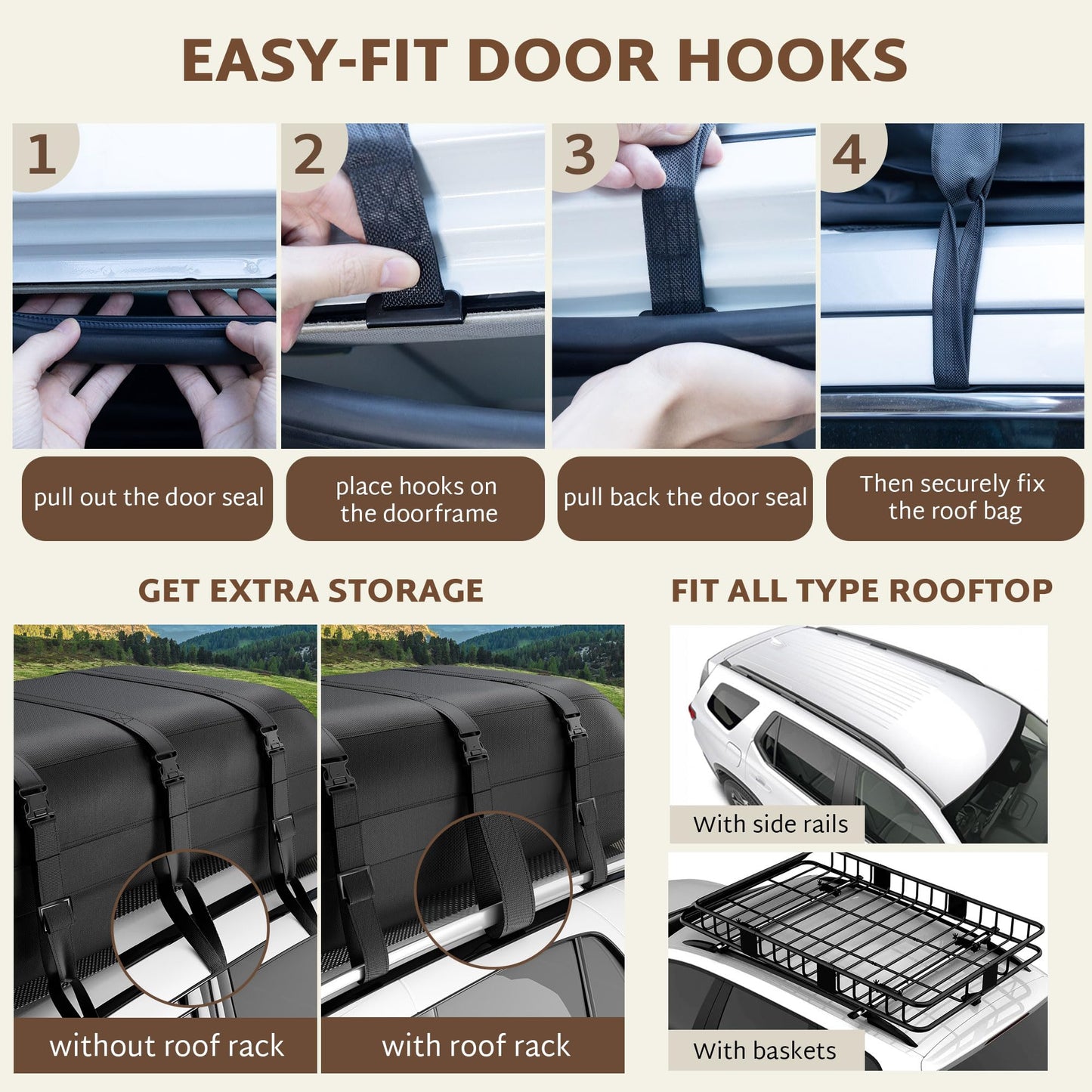 iBirdie Roof Rack Cargo Carrier 25.5 Cubic Feet, XL Soft-Shell Rooftop Cargo Box, Waterproof Heavy Duty 1200D for Car with/Without Roof Rack, Includes Anti-Slip Mat, Door Hooks, 60x37x20 inches