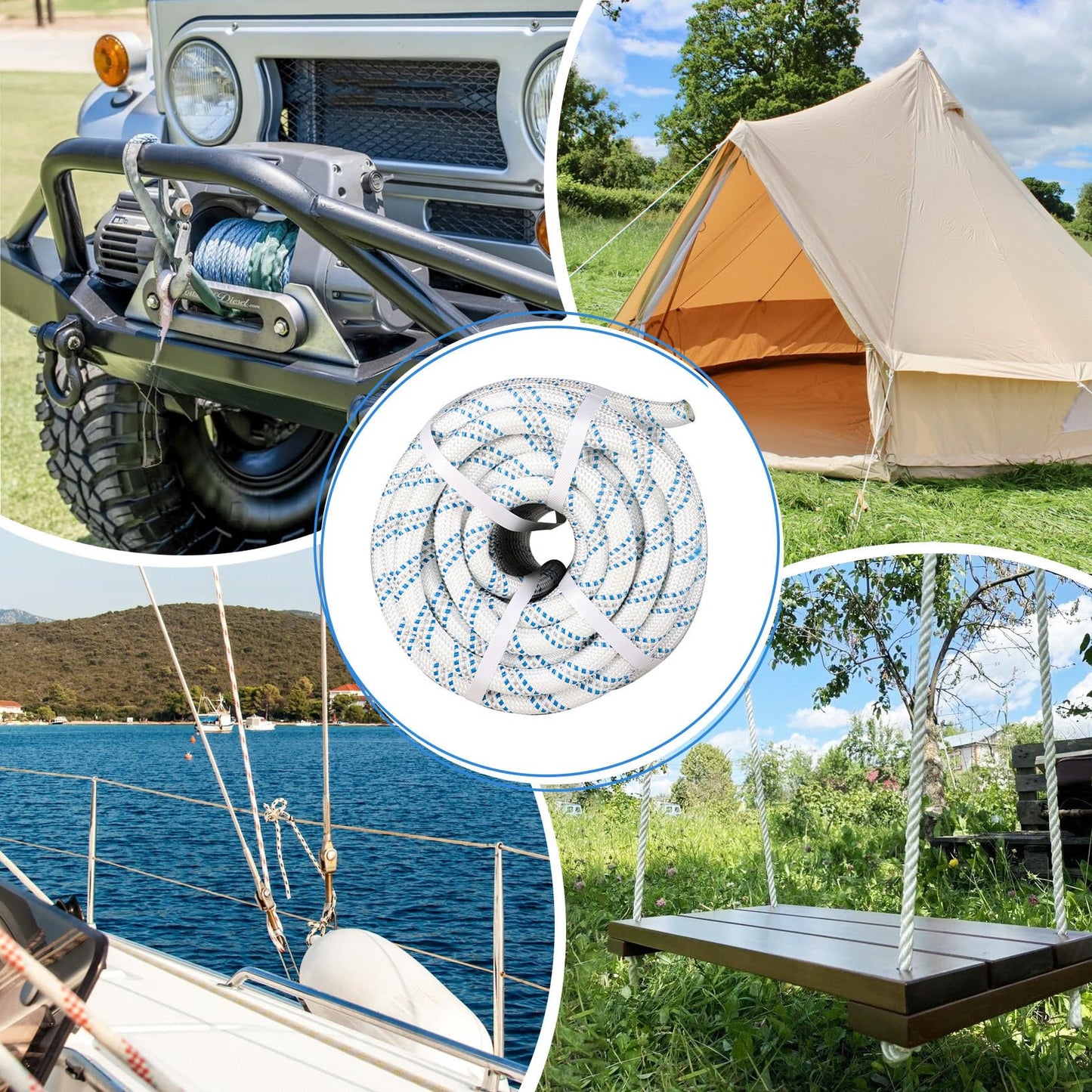 3/4 in x 150FT Gray White Blue Arborist Bull Rope Double Braid Polyester Rigging Hoisting Line High Strength Tree Rope for Rigging, Swing for Rigging Sailboat Weathered Line Tree Work