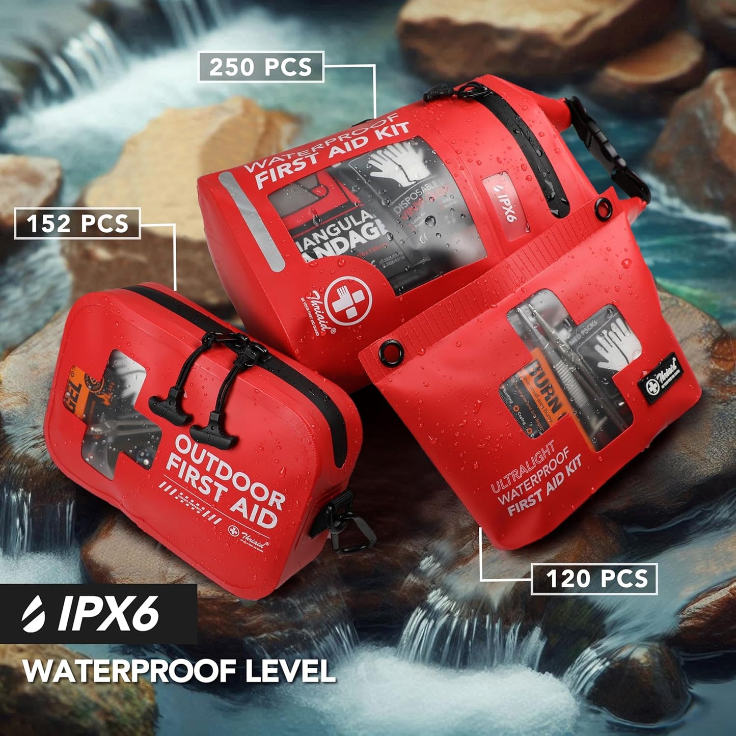 152 PCS Waterproof First Aid Kit - Portable Emergency Medical Kit for Boating, Camping, Fishing | Red