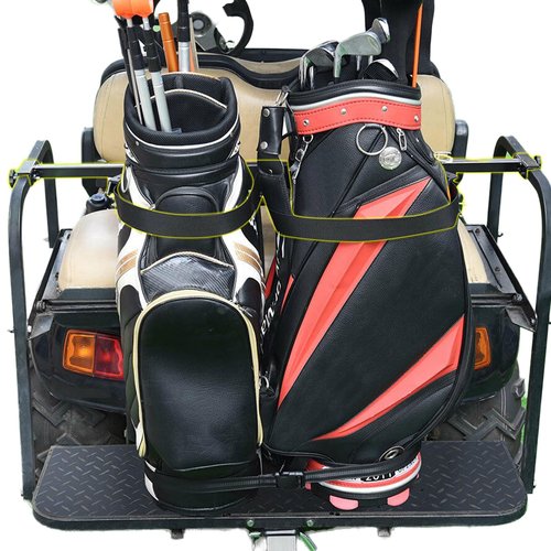 Universal Golf Cart Bag Holder Bracket Fit for Yamaha, EZGO and Club Car Rear Seat Kits, Golf Cart Rack Designed for 1-Inch Square Tube with Nylon Strap Attachment for Securing Golf Bag
