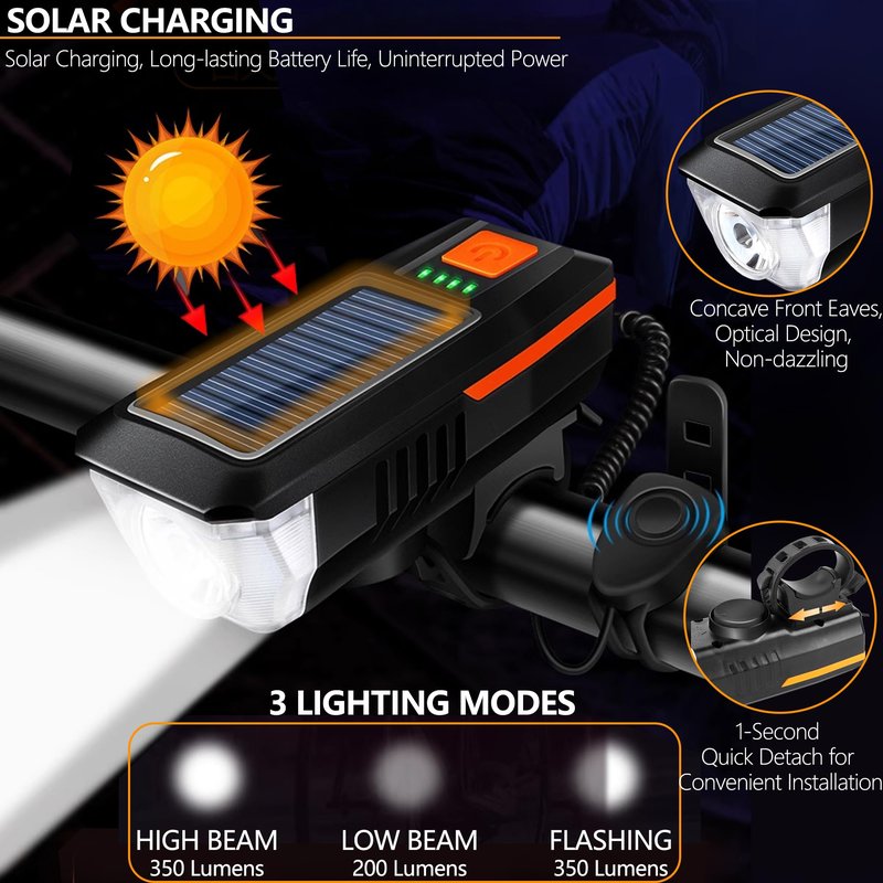 Bike Horn Headlight Solar/USB Dual Charging Bike Horn Light High Brightness Bike Headlight Waterproof Bike Horn Light Ideal for Mountain and Road Night Riding Essential Gear for Night Cycling (orange)